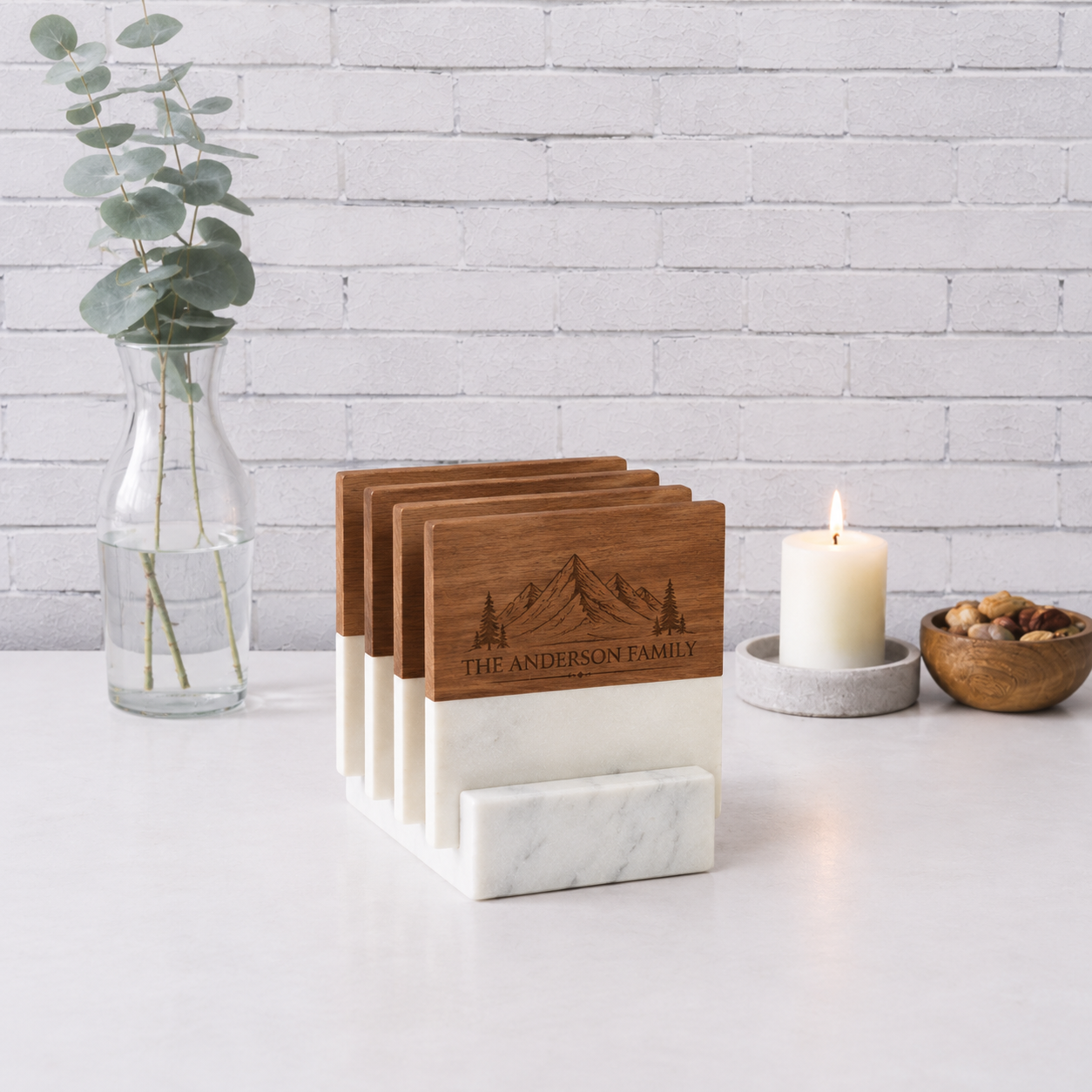 Marble & Acacia Wood Coasters | Personalized Engraved Coaster Set