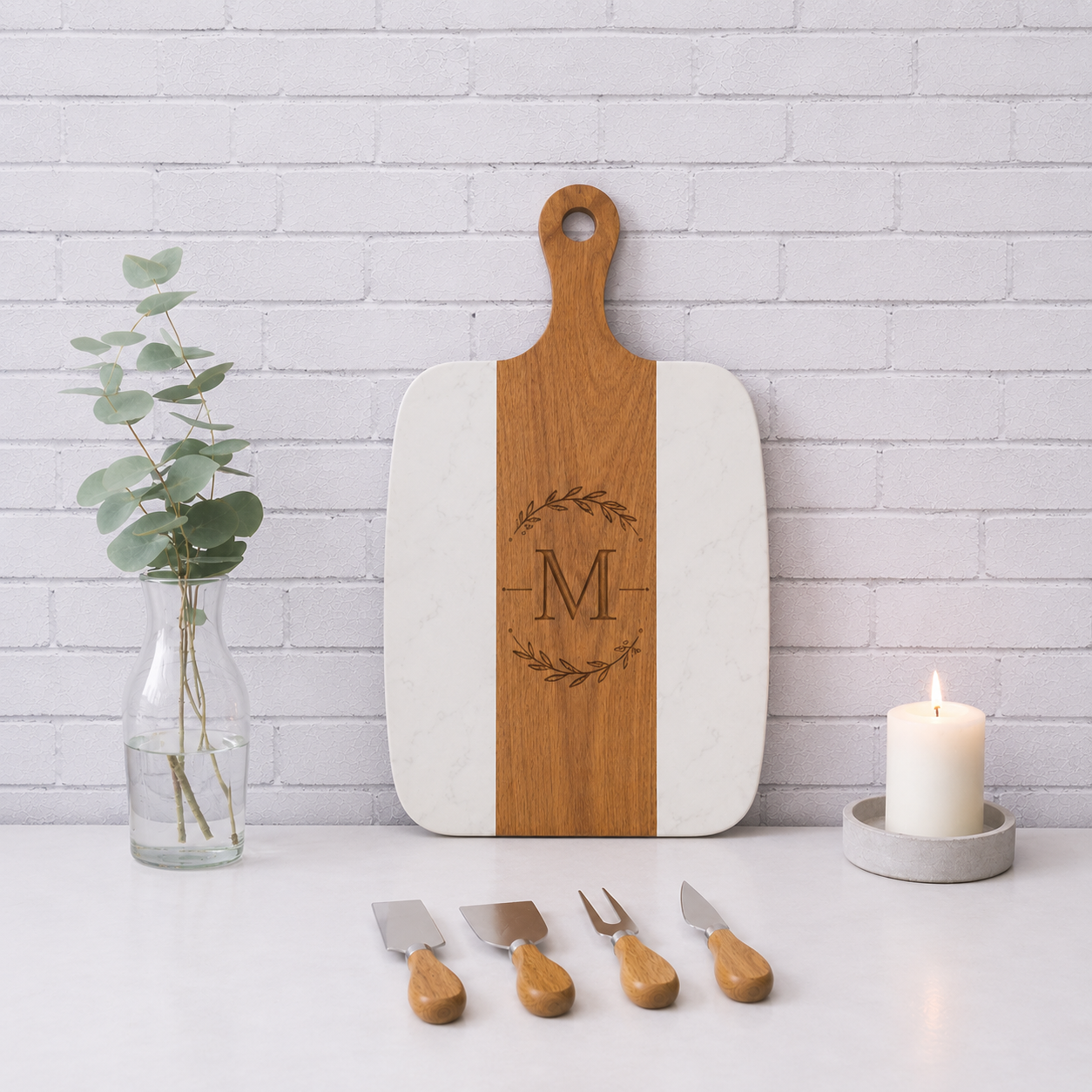 Marble & Acacia Wood Charcuterie Board| Personalized Engraved Charcuterie Board Set